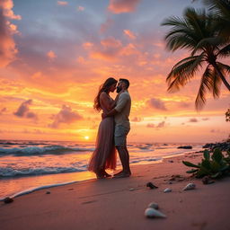 A romantic beach scene during sunset featuring a couple embracing passionately on the sand, framed by gentle waves lapping at their feet