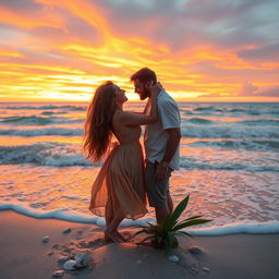 A romantic beach scene during sunset featuring a couple embracing passionately on the sand, framed by gentle waves lapping at their feet