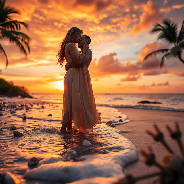 A romantic beach scene during sunset featuring a couple embracing passionately on the sand, framed by gentle waves lapping at their feet