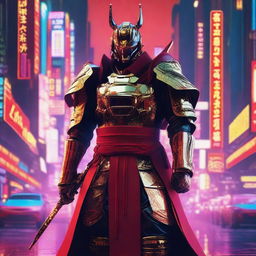 Generate an image of a royal Cyberpunk Samurai, donned in vibrant red armor adorned with gold accents