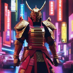 Generate an image of a royal Cyberpunk Samurai, donned in vibrant red armor adorned with gold accents