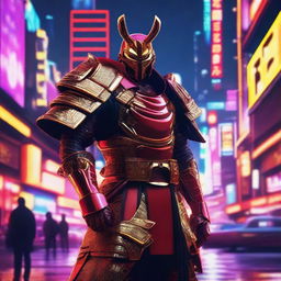 Generate an image of a royal Cyberpunk Samurai, donned in vibrant red armor adorned with gold accents