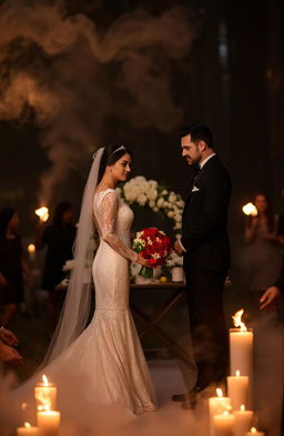 A dramatic scene of a wedding ceremony taking place in a smoke-filled forest, with flickering flames around a beautiful altar adorned with white flowers and candles