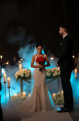 A dramatic scene of a wedding ceremony taking place in a smoke-filled forest, with flickering flames around a beautiful altar adorned with white flowers and candles