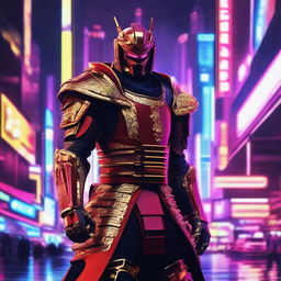 Generate an image of a royal Cyberpunk Samurai, donned in vibrant red armor adorned with gold accents