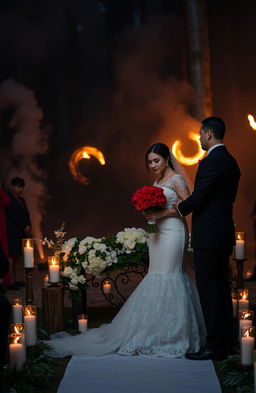 A dramatic scene of a wedding ceremony taking place in a smoke-filled forest, with flickering flames around a beautiful altar adorned with white flowers and candles