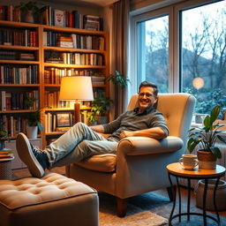 A man seated comfortably in a cozy, inviting room, looking relaxed and content