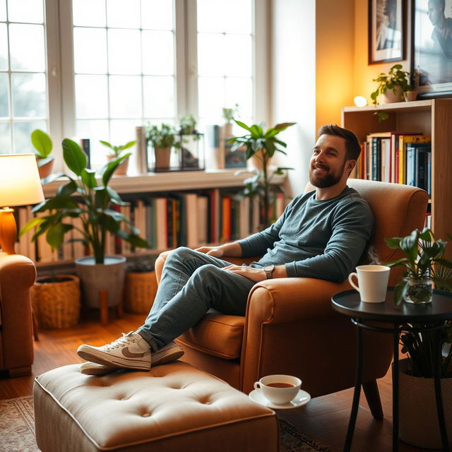 A man seated comfortably in a cozy, inviting room, looking relaxed and content