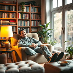 A man seated comfortably in a cozy, inviting room, looking relaxed and content