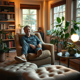 A man seated comfortably in a cozy, inviting room, looking relaxed and content
