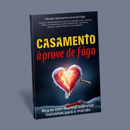 An eBook cover titled 'Casamento à Prova de Fogo', exploring difficult relationship themes in marriages for people over 30, including financial issues, emotional coldness, infidelity, past relationship traumas, addictions, jealousy, and the impact of pornography