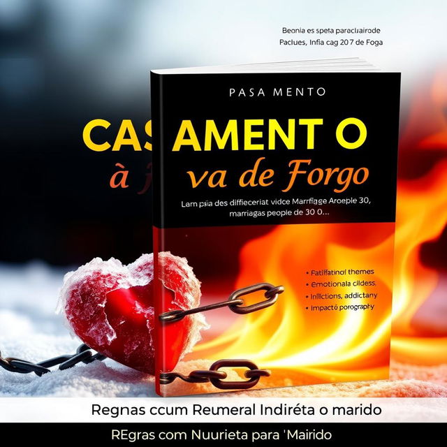 An eBook cover titled 'Casamento à Prova de Fogo', exploring difficult relationship themes in marriages for people over 30, including financial issues, emotional coldness, infidelity, past relationship traumas, addictions, jealousy, and the impact of pornography