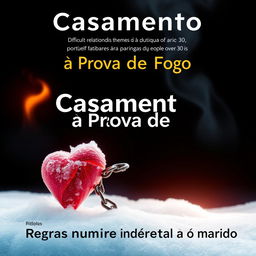 An eBook cover titled 'Casamento à Prova de Fogo', exploring difficult relationship themes in marriages for people over 30, including financial issues, emotional coldness, infidelity, past relationship traumas, addictions, jealousy, and the impact of pornography