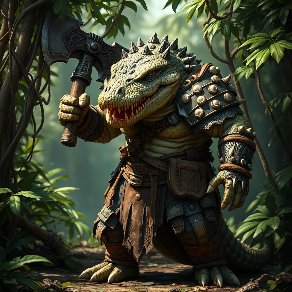 A humanoid crocodile warrior, clad in intricate barbarian armor, standing fiercely in a lush jungle setting