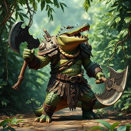 A humanoid crocodile warrior, clad in intricate barbarian armor, standing fiercely in a lush jungle setting