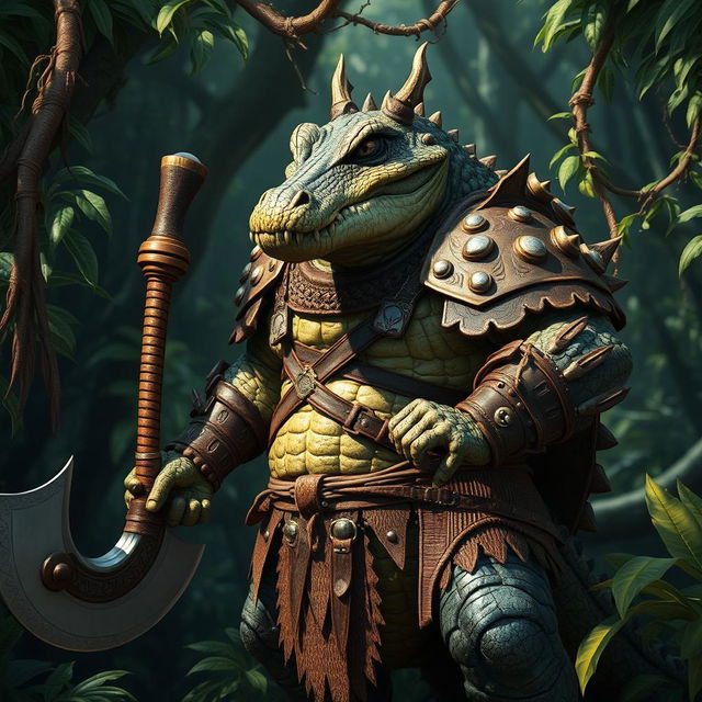 A humanoid crocodile warrior, clad in intricate barbarian armor, standing fiercely in a lush jungle setting