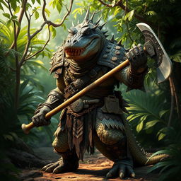 A humanoid crocodile warrior, clad in intricate barbarian armor, standing fiercely in a lush jungle setting