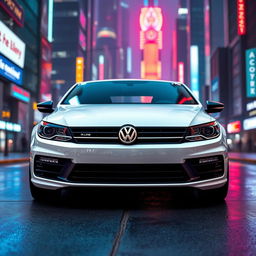 A front view of a sleek white Volkswagen CC R-Line parked in a vibrant cyberpunk cityscape