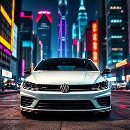 A front view of a sleek white Volkswagen CC R-Line parked in a vibrant cyberpunk cityscape