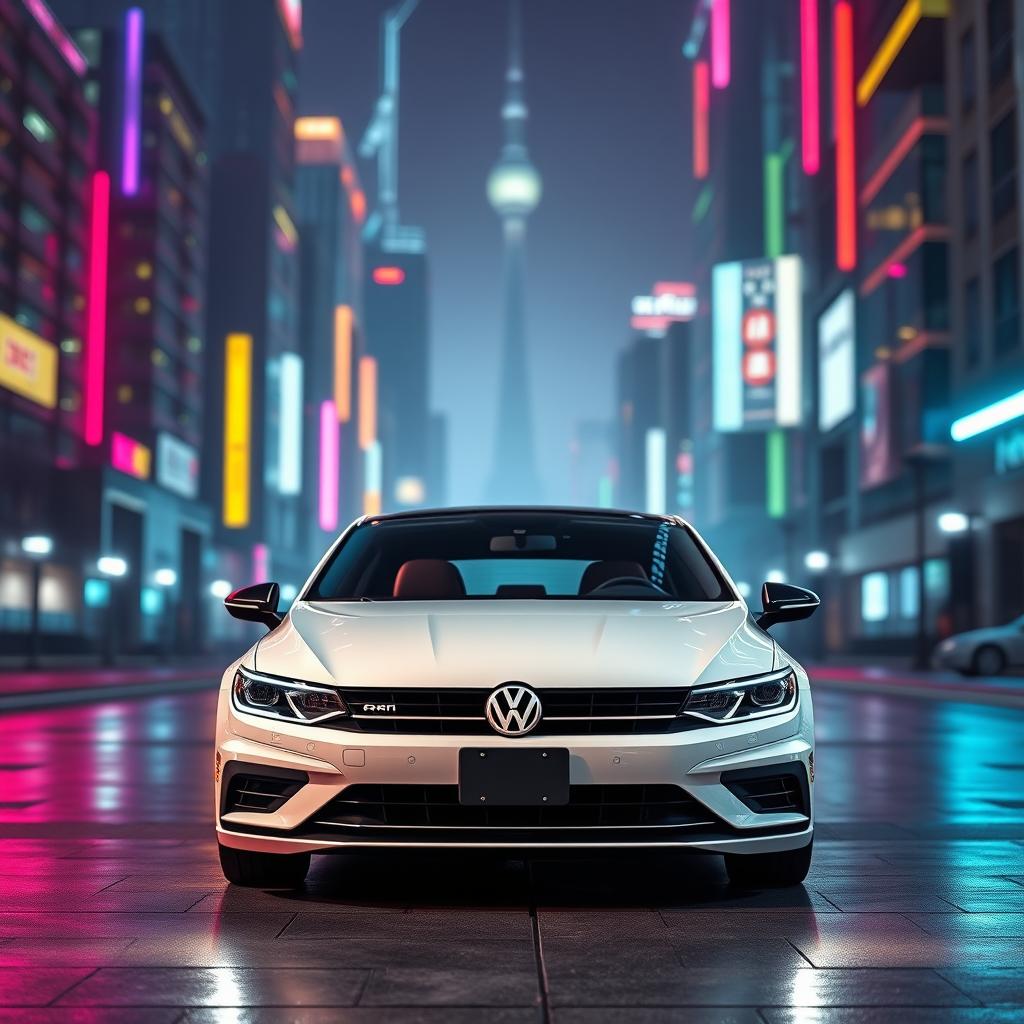 A front view of a sleek white Volkswagen CC R-Line parked in a vibrant cyberpunk cityscape