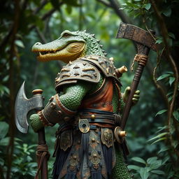 A side view of a humanoid crocodile warrior in elaborate barbarian armor
