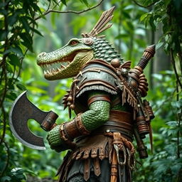 A side view of a humanoid crocodile warrior in elaborate barbarian armor