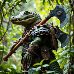 A side view of a humanoid crocodile warrior in elaborate barbarian armor
