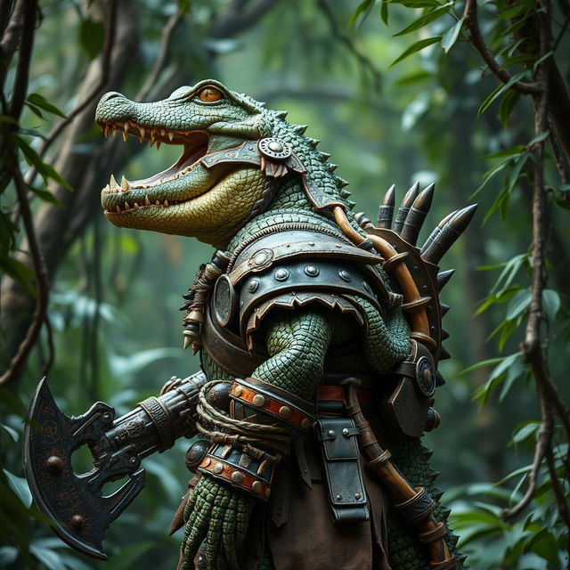 A side view of a humanoid crocodile warrior in elaborate barbarian armor