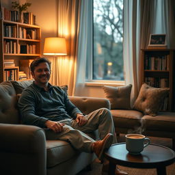 A man sitting comfortably in a cozy living room, surrounded by soft, warm lighting