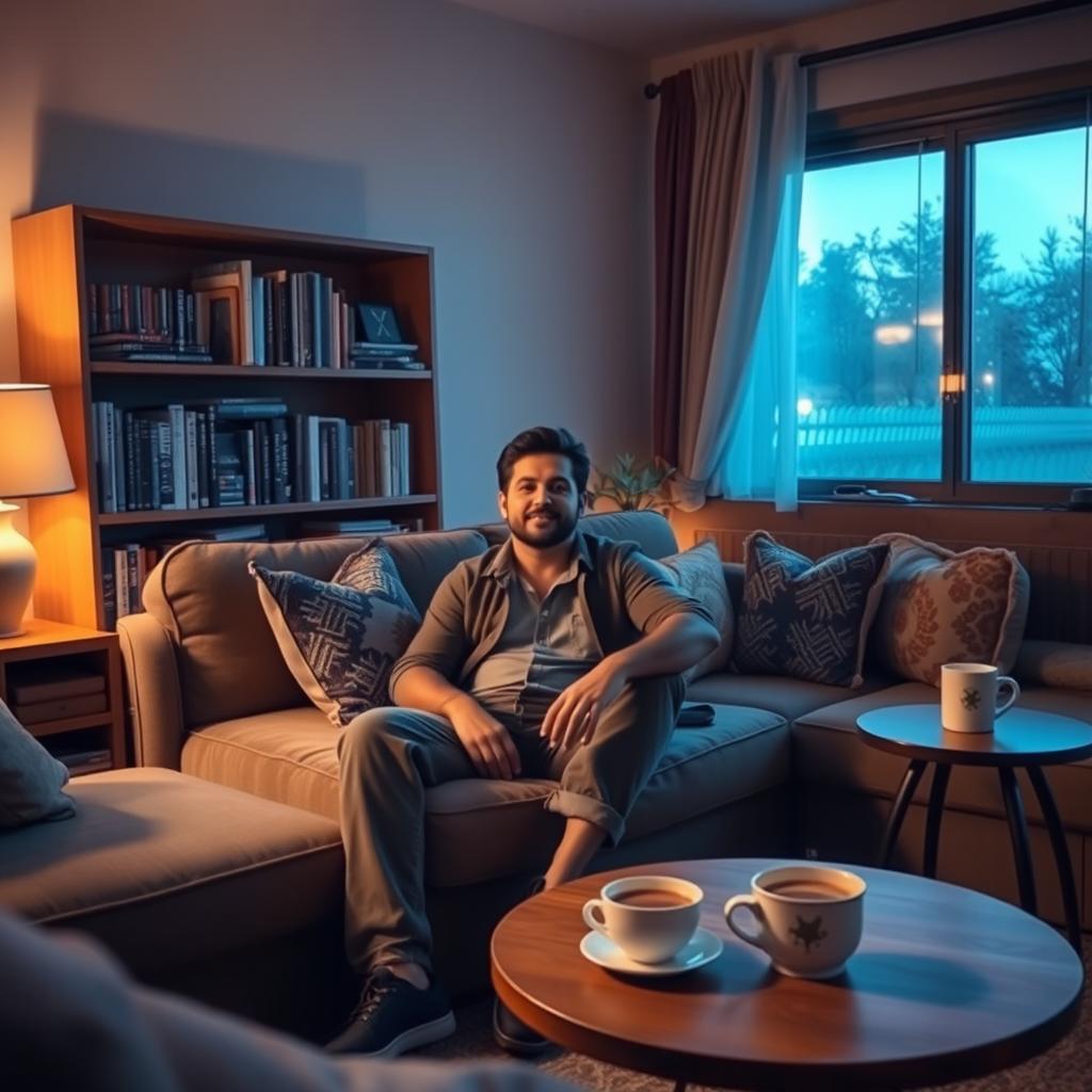 A man sitting comfortably in a cozy living room, surrounded by soft, warm lighting