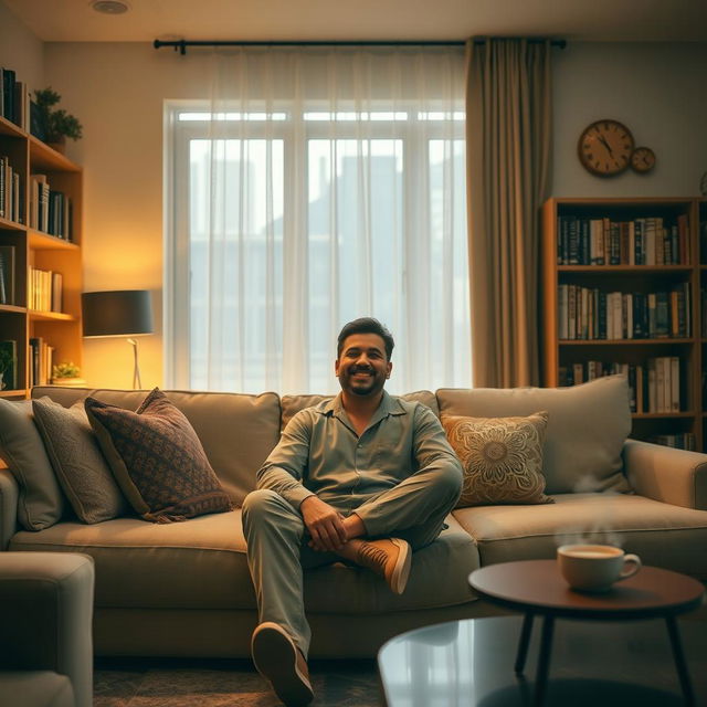 A man sitting comfortably in a cozy living room, surrounded by soft, warm lighting