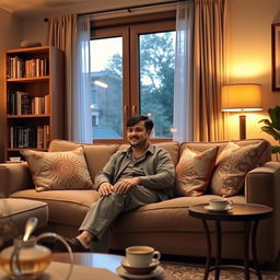 A man sitting comfortably in a cozy living room, surrounded by soft, warm lighting