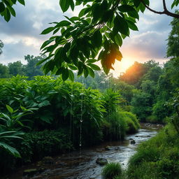 A serene landscape depicting a gentle rain shower in a lush green forest