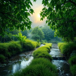 A serene landscape depicting a gentle rain shower in a lush green forest