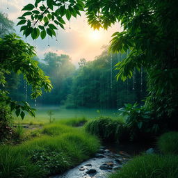 A serene landscape depicting a gentle rain shower in a lush green forest