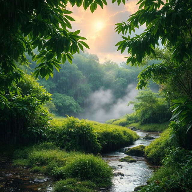 A serene landscape depicting a gentle rain shower in a lush green forest