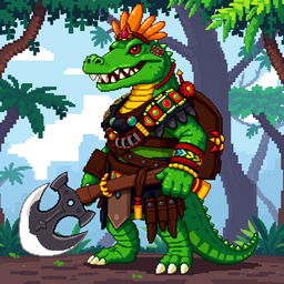 A pixel art style humanoid crocodile warrior in full height, depicted in a side view