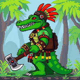 A pixel art style humanoid crocodile warrior in full height, depicted in a side view