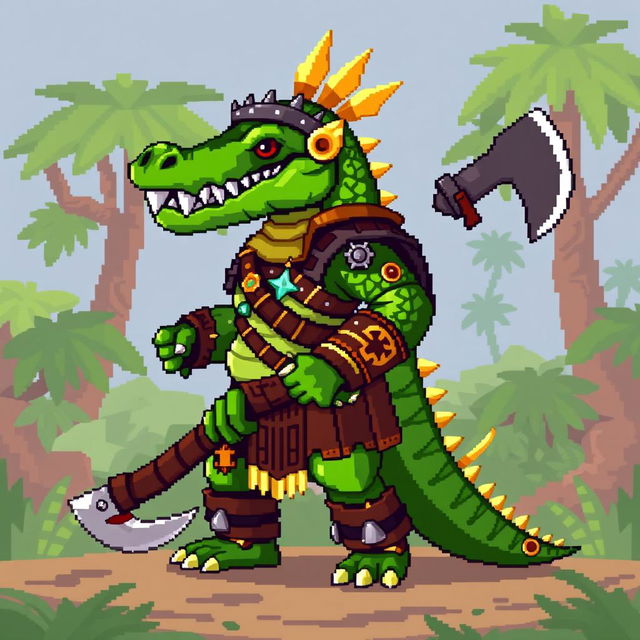 A pixel art style humanoid crocodile warrior in full height, depicted in a side view