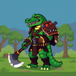 A pixel art style humanoid crocodile warrior in full height, depicted in a side view, inspired by the aesthetics of the game Dead Cells