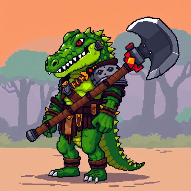 A pixel art style humanoid crocodile warrior in full height, depicted in a side view, inspired by the aesthetics of the game Dead Cells