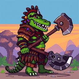 A pixel art style humanoid crocodile warrior in full height, depicted in a side view, inspired by the aesthetics of the game Dead Cells