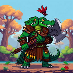 A pixel art style humanoid crocodile warrior in full height, depicted in a side view, inspired by the aesthetics of the game Dead Cells