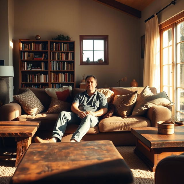 A man sitting comfortably in a cozy living room, surrounded by warm, atmospheric lighting