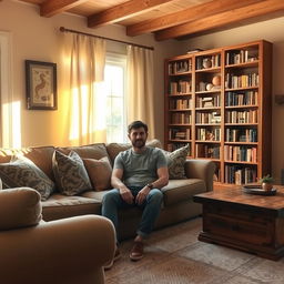 A man sitting comfortably in a cozy living room, surrounded by warm, atmospheric lighting