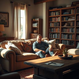 A man sitting comfortably in a cozy living room, surrounded by warm, atmospheric lighting