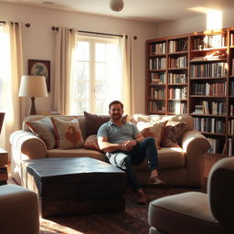 A man sitting comfortably in a cozy living room, surrounded by warm, atmospheric lighting