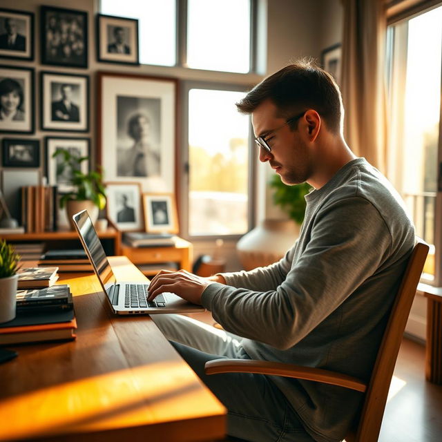 A focused man sitting in a cozy, modern room typing intently on a laptop