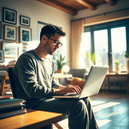 A focused man sitting in a cozy, modern room typing intently on a laptop