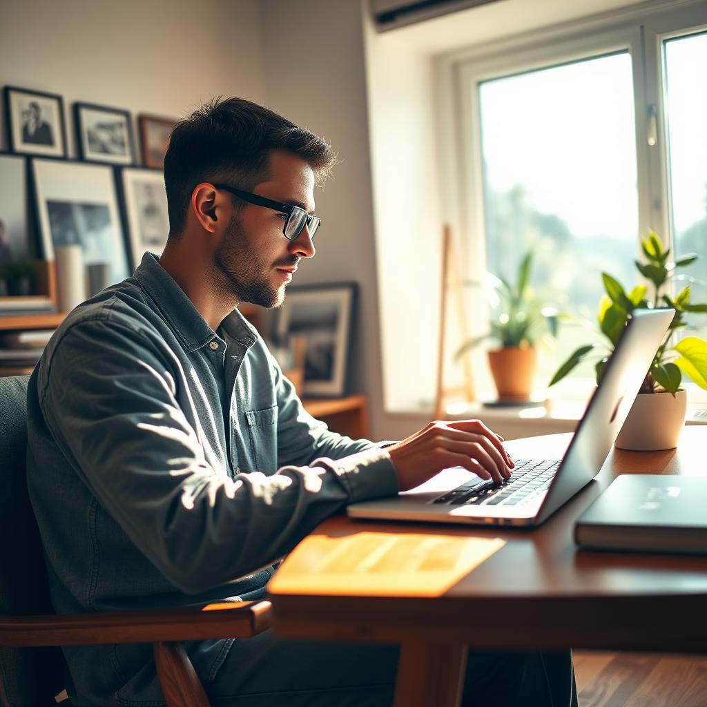 A focused man sitting in a cozy, modern room typing intently on a laptop